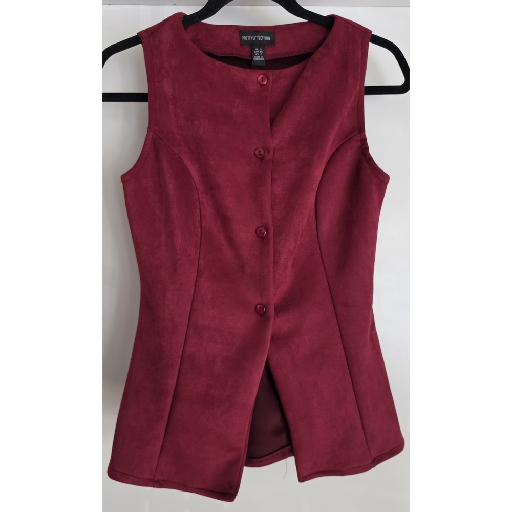 PrettyLittleThing Vest 2 Burgundy Sleeveless Solid Round Neck Top Faux Suede